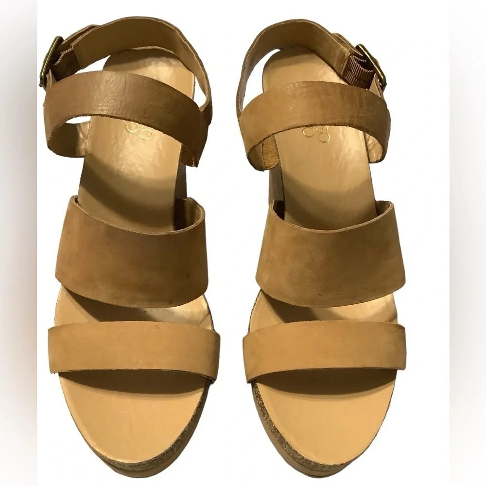Franco Sarto‎ Womens Fiona Tan Leather Wedge Heel Strappy Sandals Size 9.5